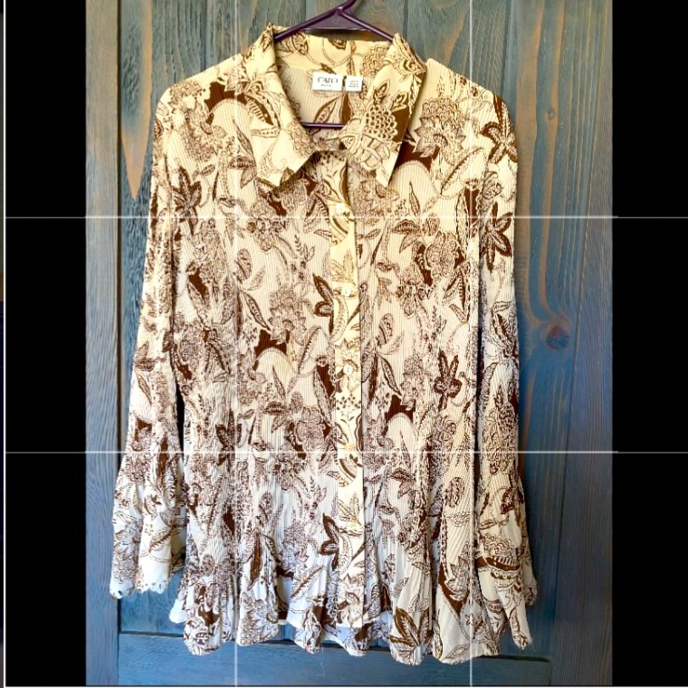 CATO Beautiful long sleeve crinkle brown and tan blouse with gold accents.